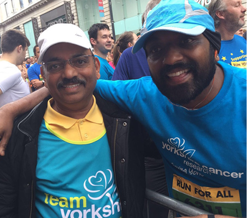 Bobby Patel with father Mohan after completing Leeds 10k in July 2016